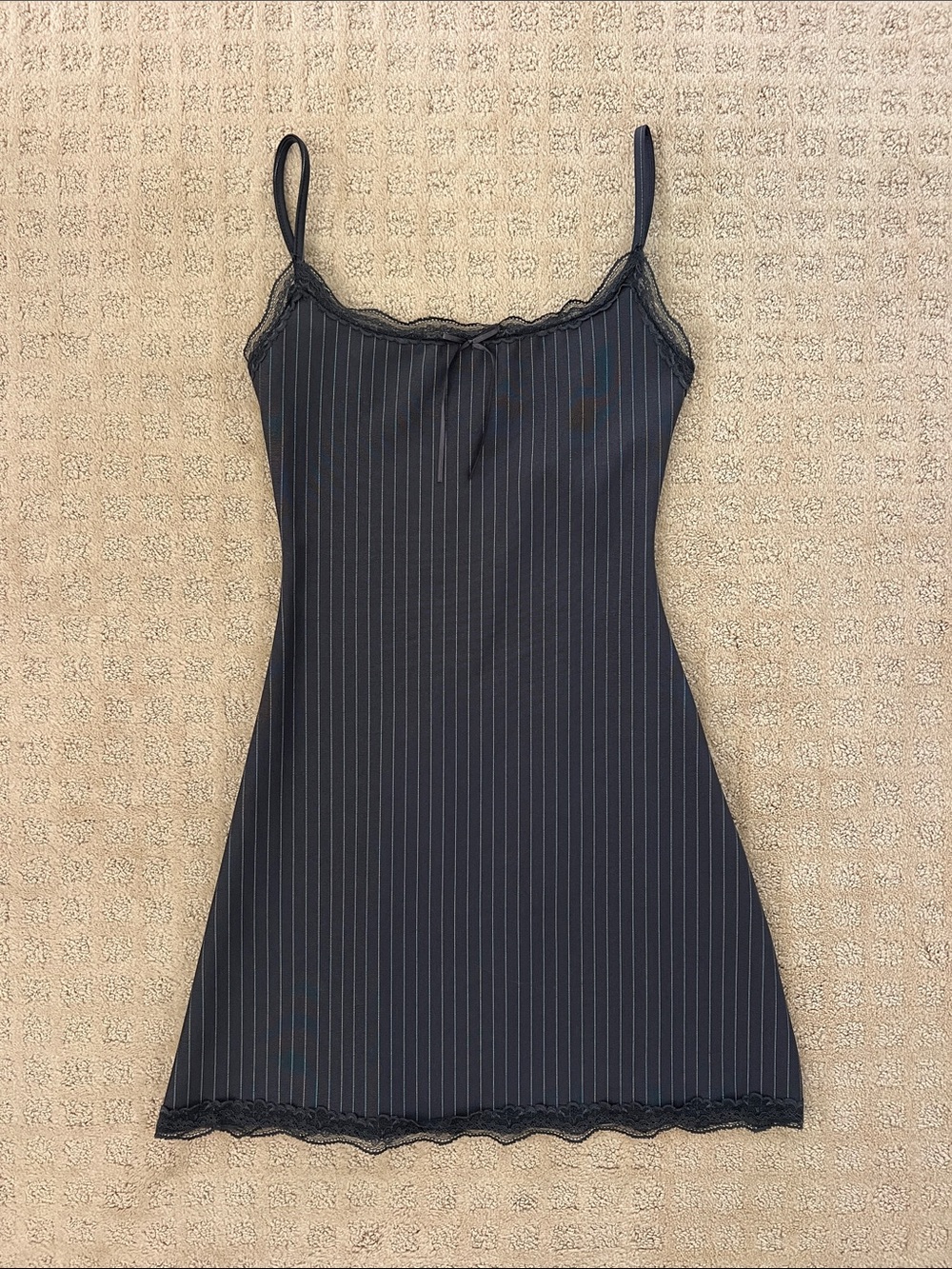 Women's Gray Pinstripe Lace Trim Slip Dress